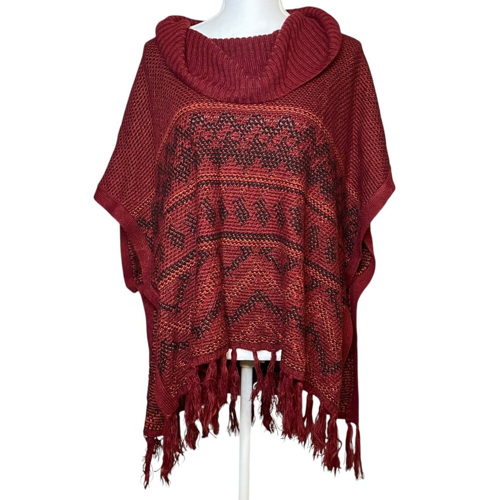 Red Knit M Oversize Cowl Neck Fringe Poncho Sweater Wrap Winter Boho Aztec Cabin
